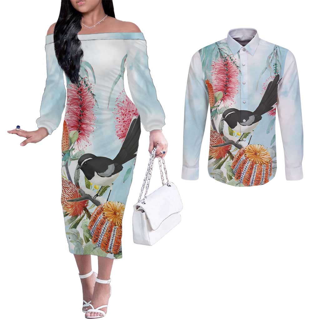 Willie wagtail Australia Couples Matching Off The Shoulder Long Sleeve Dress and Long Sleeve Button Shirt Banksia Bottlebrushes Watercolor Stylized - Aussie Hoodie