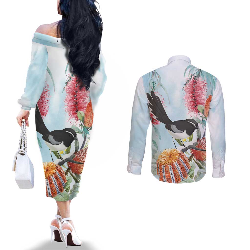 Willie wagtail Australia Couples Matching Off The Shoulder Long Sleeve Dress and Long Sleeve Button Shirt Banksia Bottlebrushes Watercolor Stylized - Aussie Hoodie