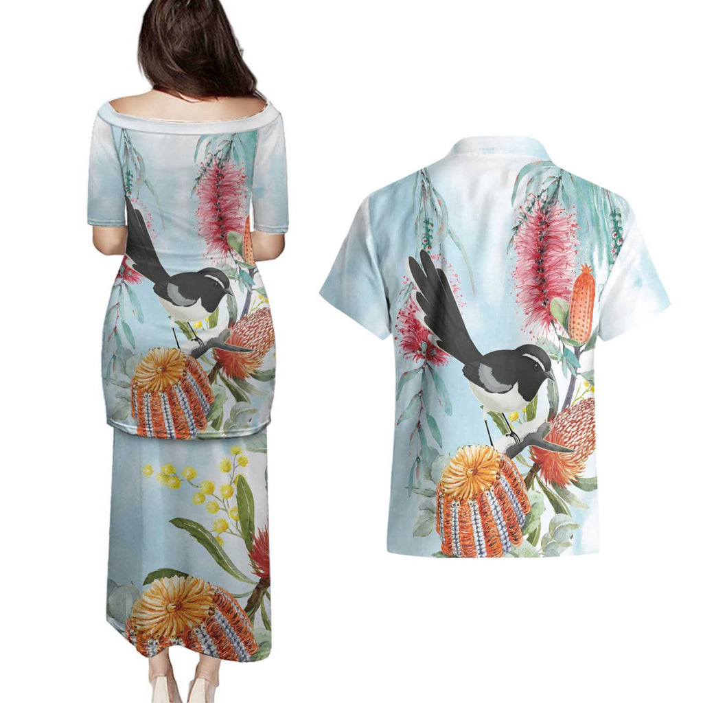 Willie wagtail Australia Couples Matching Puletasi and Hawaiian Shirt Banksia Bottlebrushes Watercolor Stylized - Aussie Hoodie
