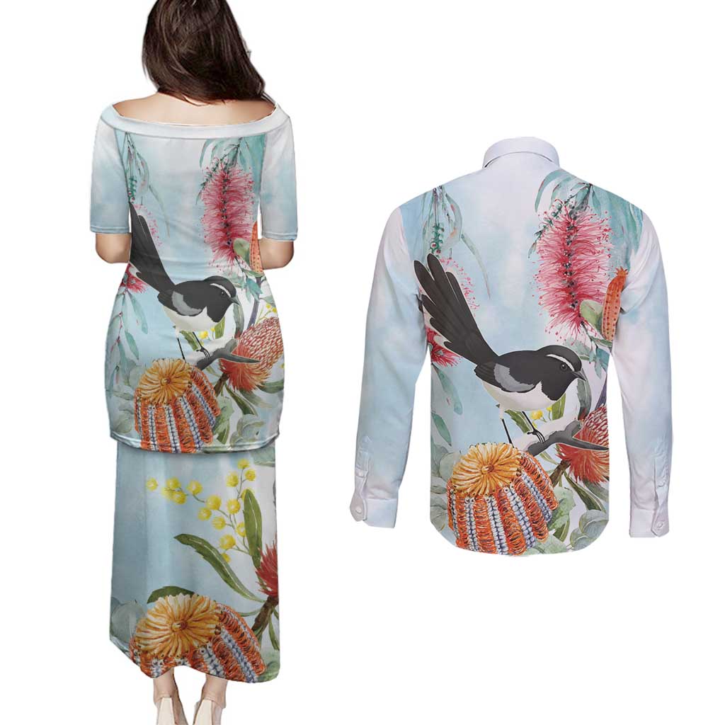 Willie wagtail Australia Couples Matching Puletasi and Long Sleeve Button Shirt Banksia Bottlebrushes Watercolor Stylized - Aussie Hoodie