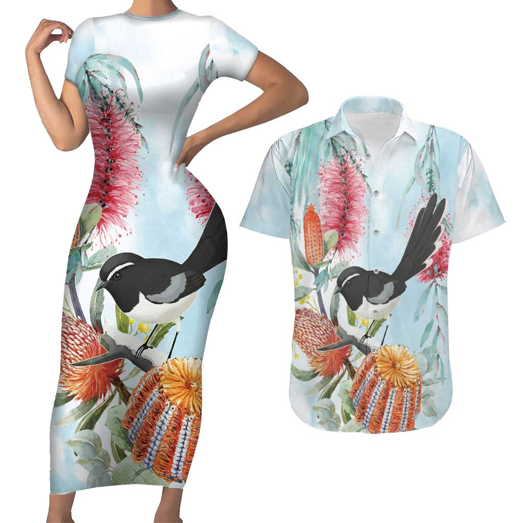 Willie wagtail Australia Couples Matching Short Sleeve Bodycon Dress and Hawaiian Shirt Banksia Bottlebrushes Watercolor Stylized - Aussie Hoodie