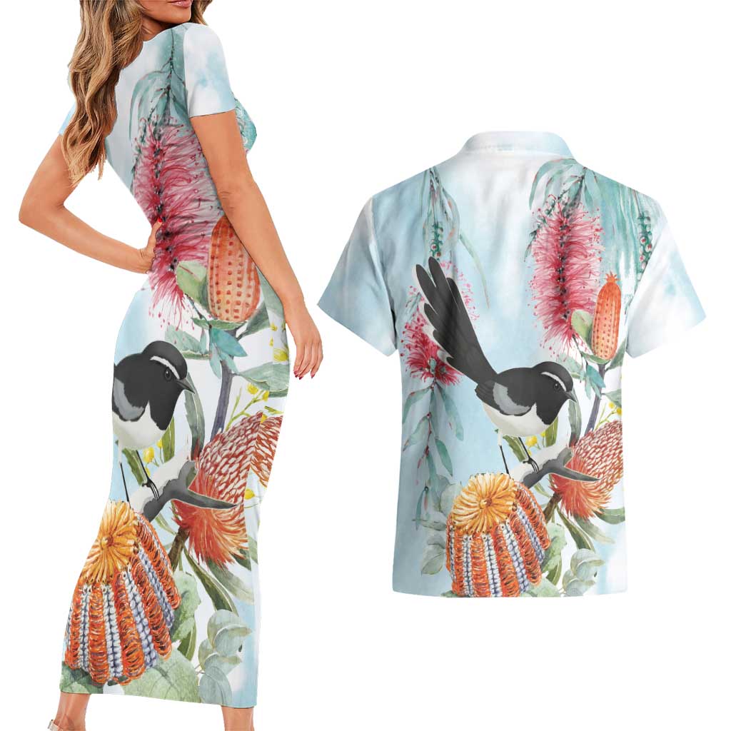 Willie wagtail Australia Couples Matching Short Sleeve Bodycon Dress and Hawaiian Shirt Banksia Bottlebrushes Watercolor Stylized - Aussie Hoodie