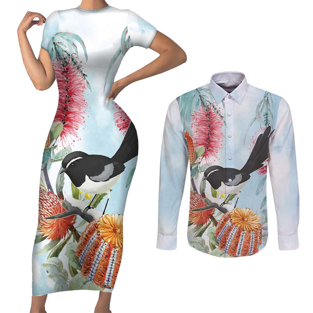 Willie wagtail Australia Couples Matching Short Sleeve Bodycon Dress and Long Sleeve Button Shirt Banksia Bottlebrushes Watercolor Stylized - Aussie Hoodie
