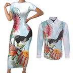 Willie wagtail Australia Couples Matching Short Sleeve Bodycon Dress and Long Sleeve Button Shirt Banksia Bottlebrushes Watercolor Stylized - Aussie Hoodie