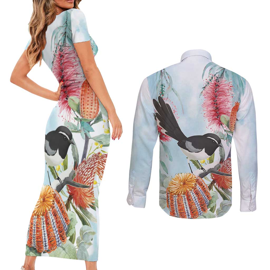 Willie wagtail Australia Couples Matching Short Sleeve Bodycon Dress and Long Sleeve Button Shirt Banksia Bottlebrushes Watercolor Stylized - Aussie Hoodie