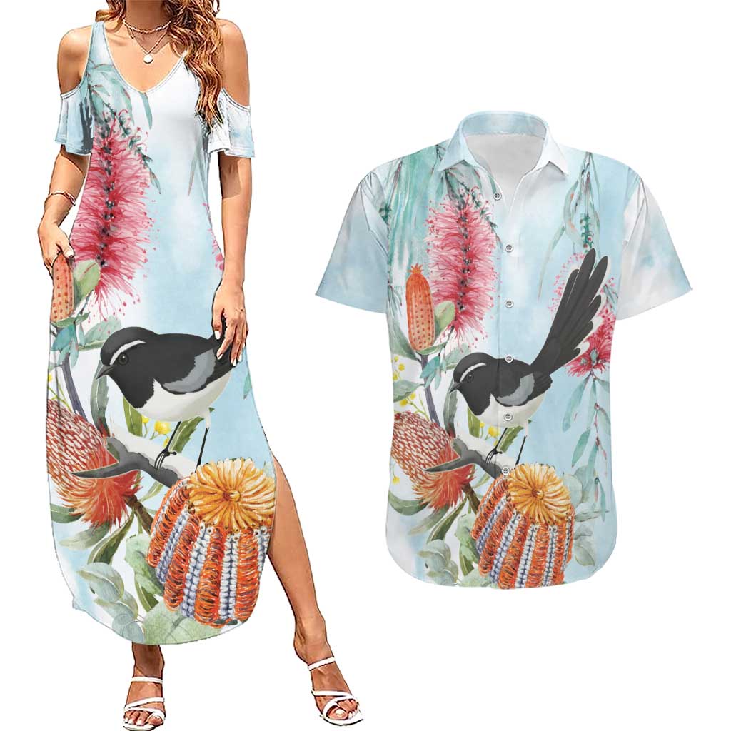Willie wagtail Australia Couples Matching Summer Maxi Dress and Hawaiian Shirt Banksia Bottlebrushes Watercolor Stylized - Aussie Hoodie