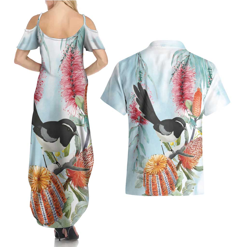Willie wagtail Australia Couples Matching Summer Maxi Dress and Hawaiian Shirt Banksia Bottlebrushes Watercolor Stylized - Aussie Hoodie