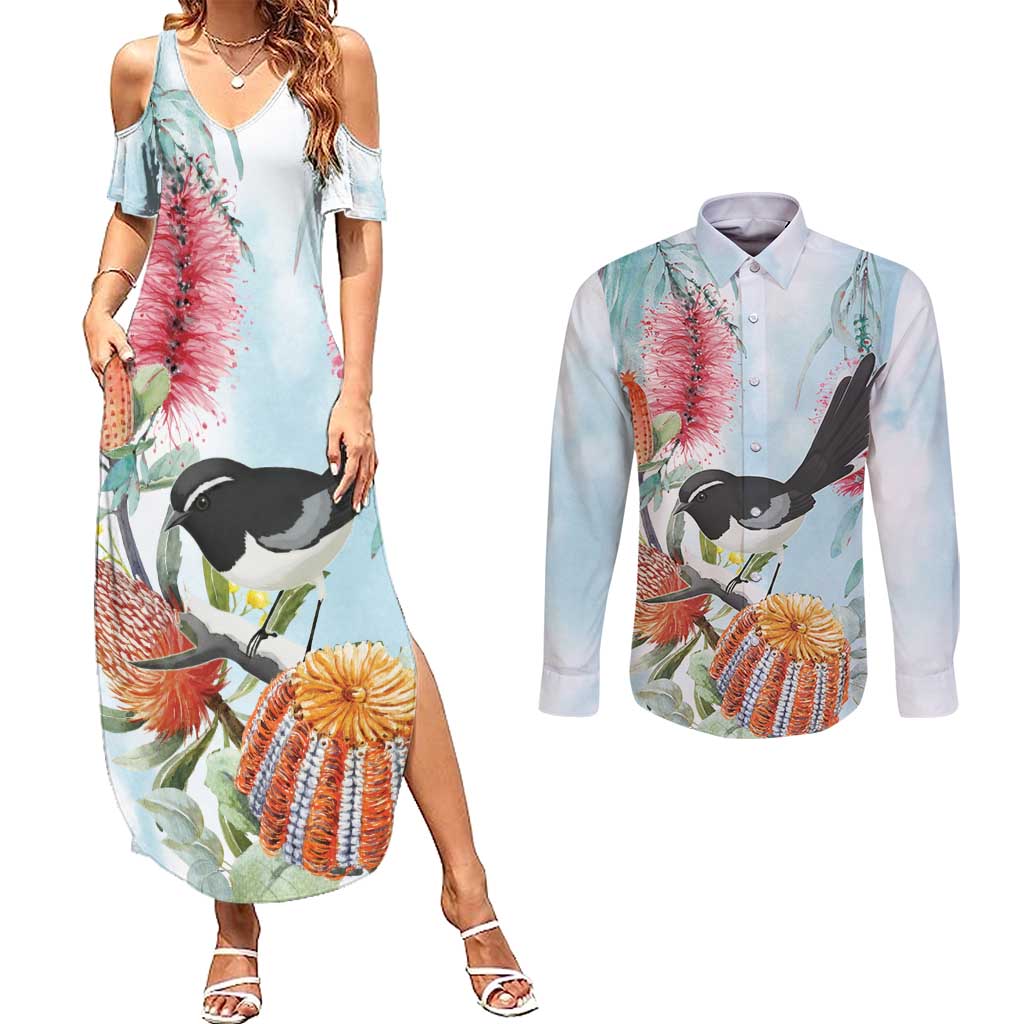 Willie wagtail Australia Couples Matching Summer Maxi Dress and Long Sleeve Button Shirt Banksia Bottlebrushes Watercolor Stylized - Aussie Hoodie