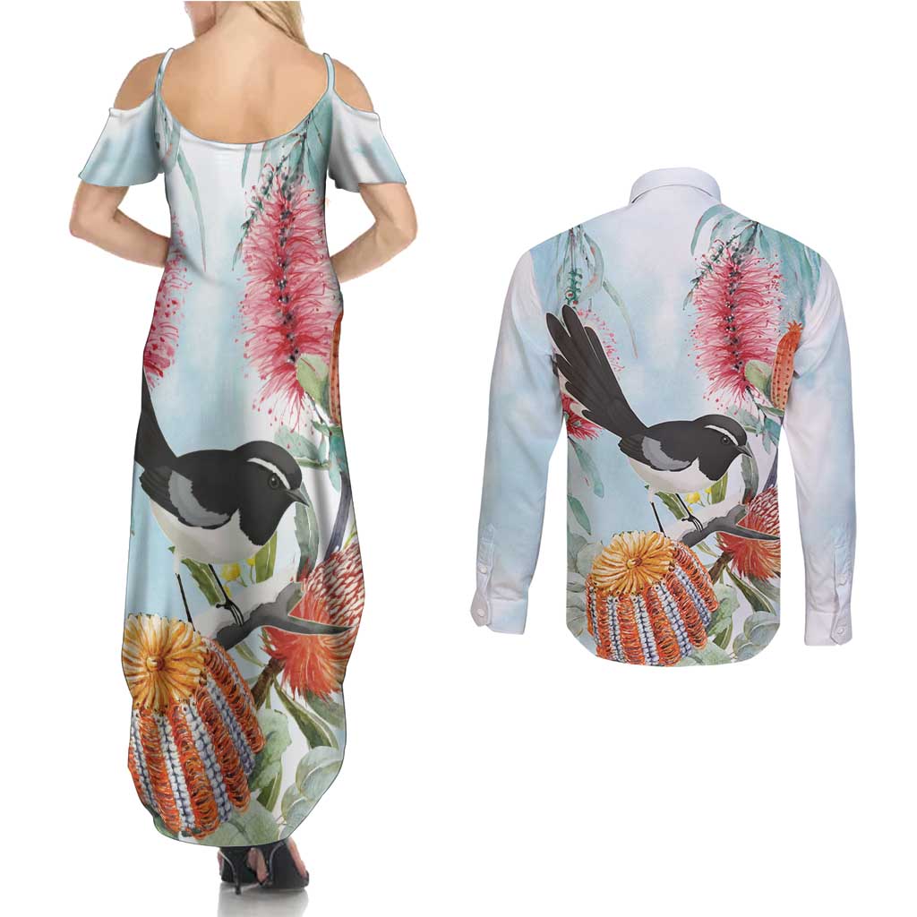 Willie wagtail Australia Couples Matching Summer Maxi Dress and Long Sleeve Button Shirt Banksia Bottlebrushes Watercolor Stylized - Aussie Hoodie