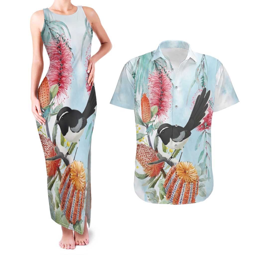 Willie wagtail Australia Couples Matching Tank Maxi Dress and Hawaiian Shirt Banksia Bottlebrushes Watercolor Stylized - Aussie Hoodie