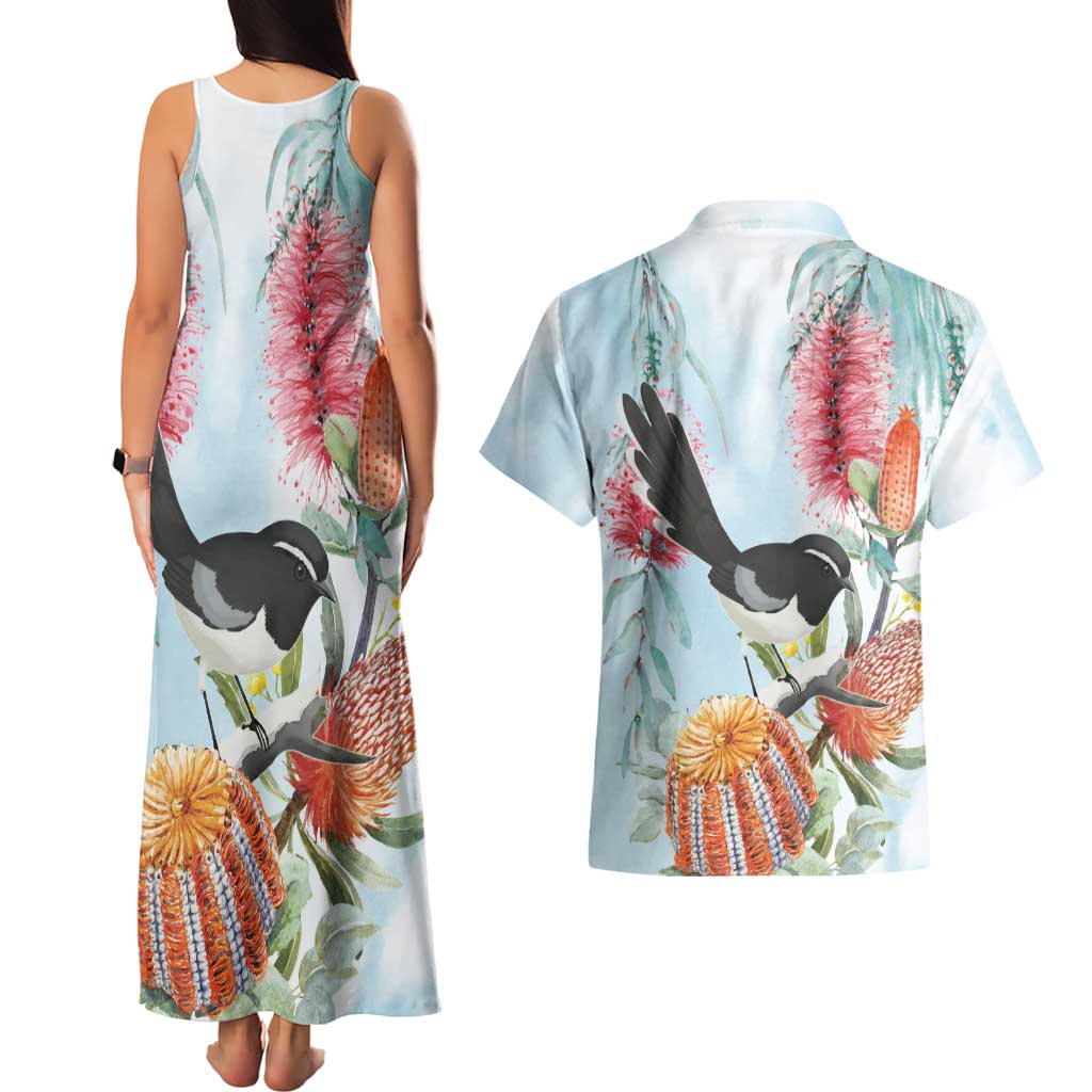 Willie wagtail Australia Couples Matching Tank Maxi Dress and Hawaiian Shirt Banksia Bottlebrushes Watercolor Stylized - Aussie Hoodie