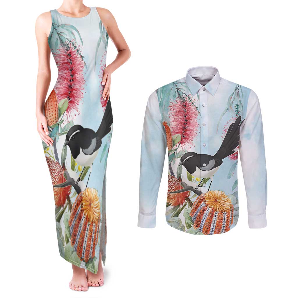 Willie wagtail Australia Couples Matching Tank Maxi Dress and Long Sleeve Button Shirt Banksia Bottlebrushes Watercolor Stylized - Aussie Hoodie