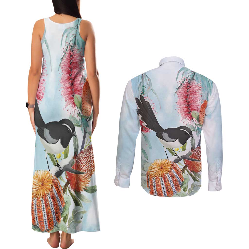 Willie wagtail Australia Couples Matching Tank Maxi Dress and Long Sleeve Button Shirt Banksia Bottlebrushes Watercolor Stylized - Aussie Hoodie