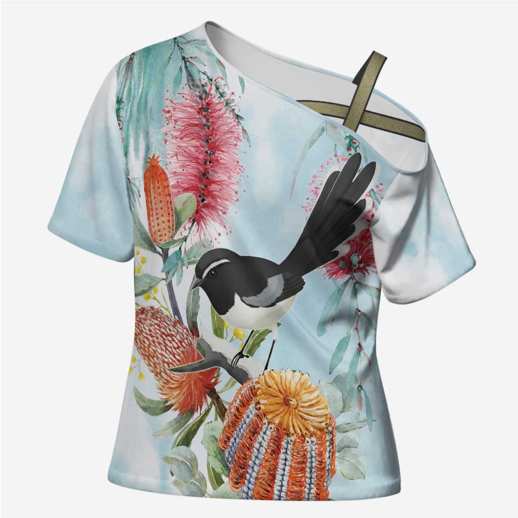 Willie wagtail Australia Cross Shoulder Shirt Banksia Bottlebrushes Watercolor Stylized - Aussie Hoodie