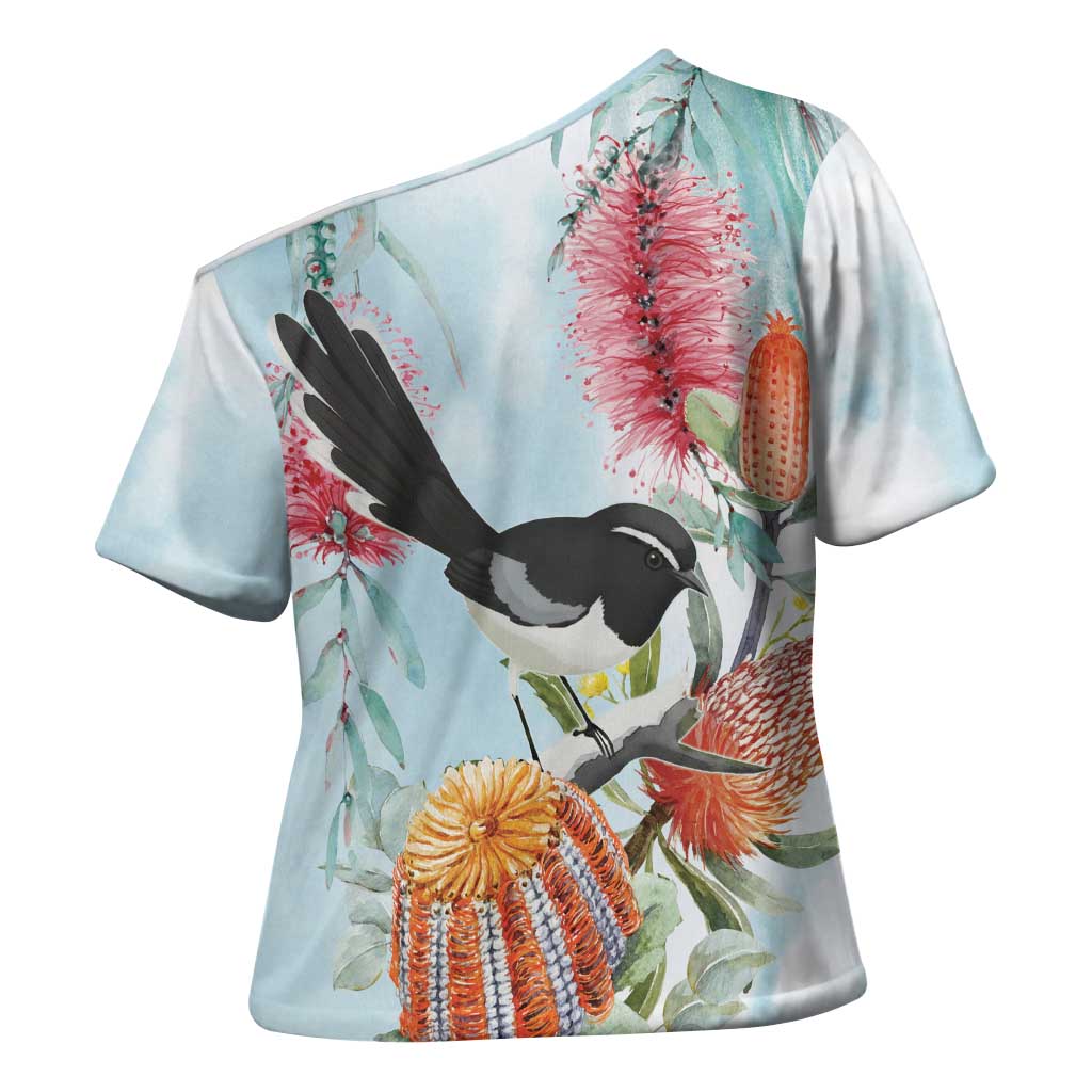 Willie wagtail Australia Cross Shoulder Shirt Banksia Bottlebrushes Watercolor Stylized - Aussie Hoodie