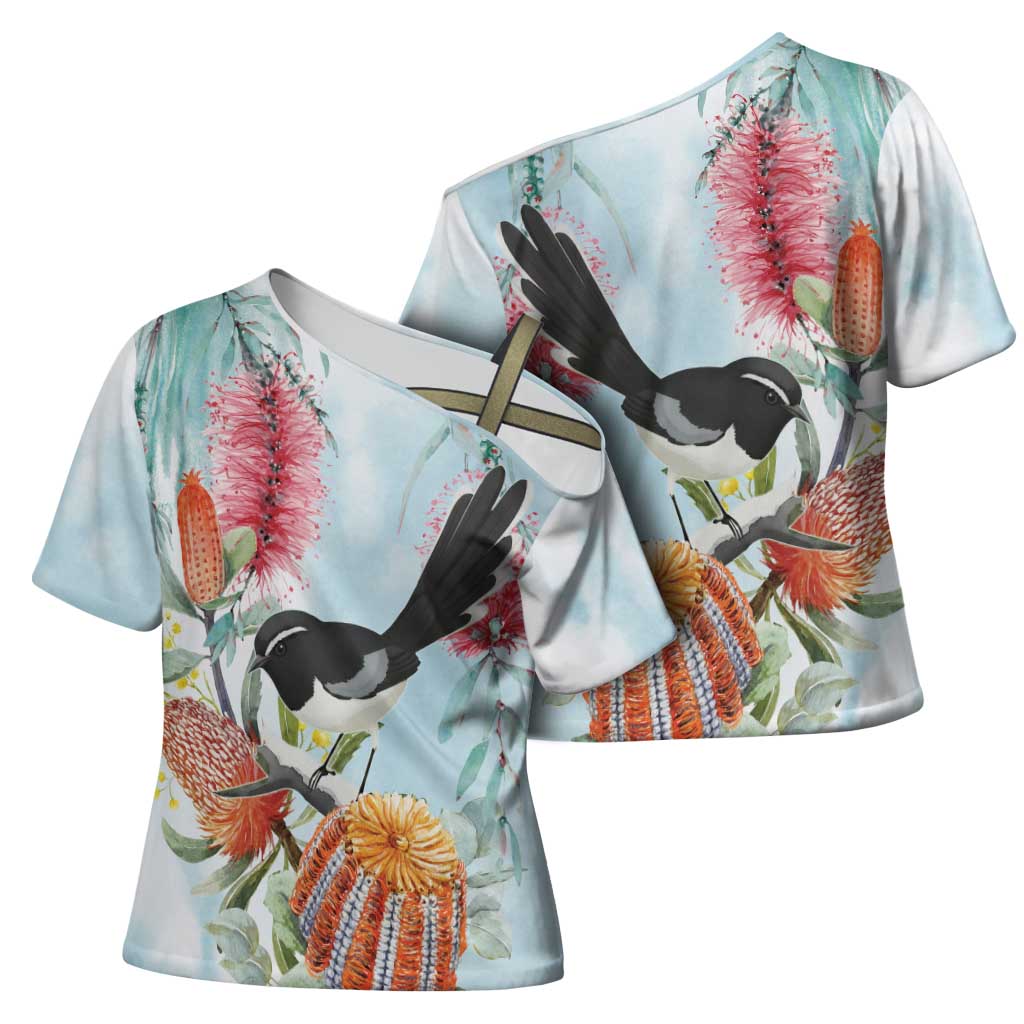 Willie wagtail Australia Cross Shoulder Shirt Banksia Bottlebrushes Watercolor Stylized - Aussie Hoodie