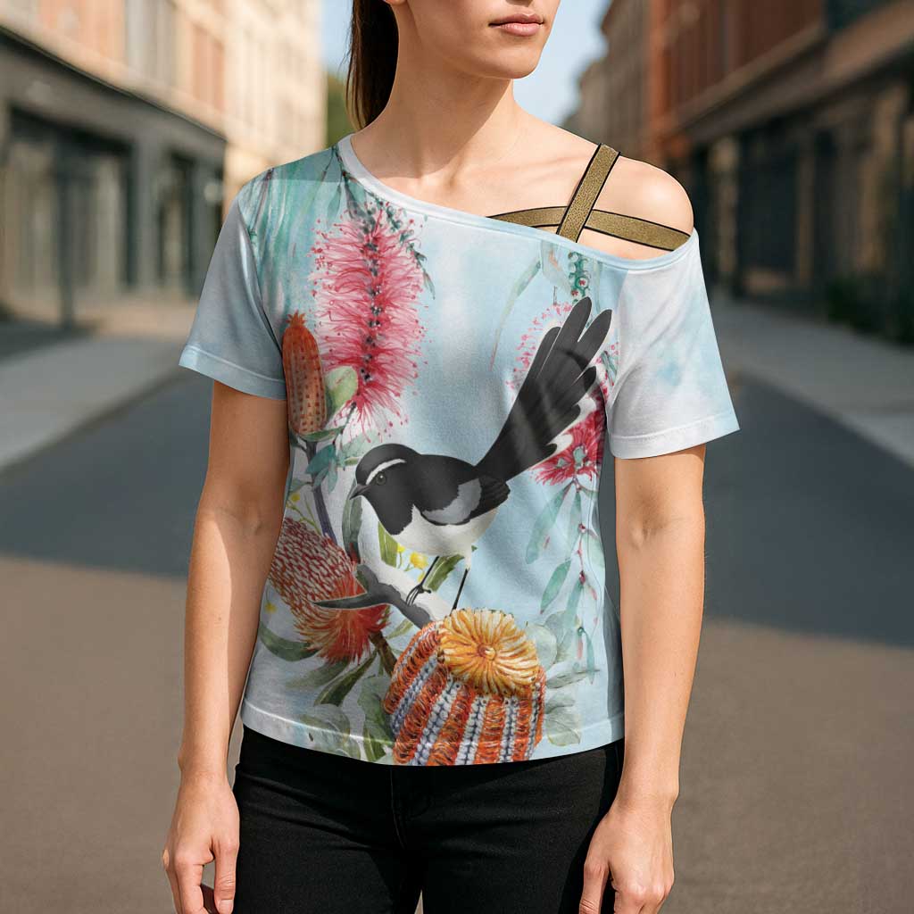 Willie wagtail Australia Cross Shoulder Shirt Banksia Bottlebrushes Watercolor Stylized - Aussie Hoodie