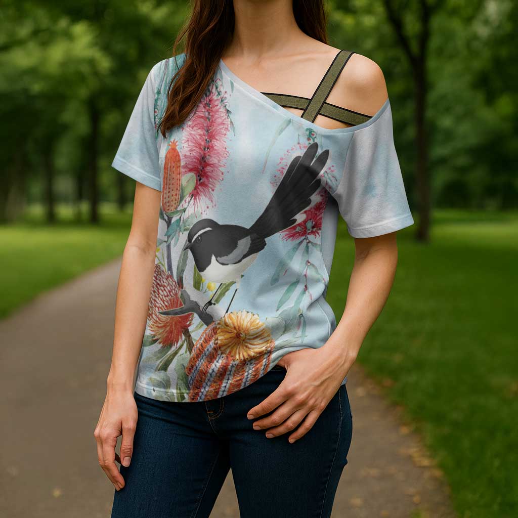 Willie wagtail Australia Cross Shoulder Shirt Banksia Bottlebrushes Watercolor Stylized - Aussie Hoodie