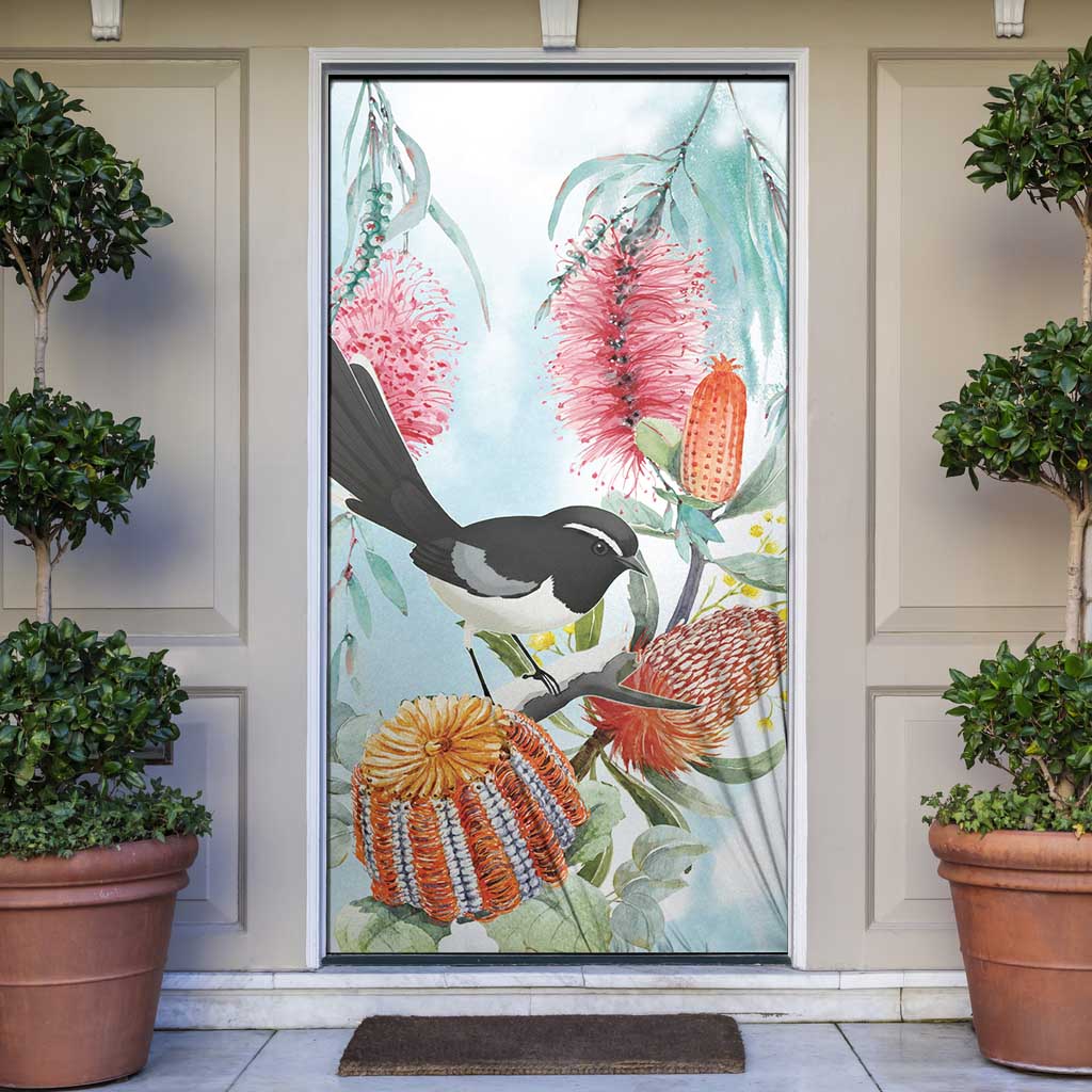 Willie wagtail Australia Door Cover Banksia Bottlebrushes Watercolor Stylized - Aussie Hoodie