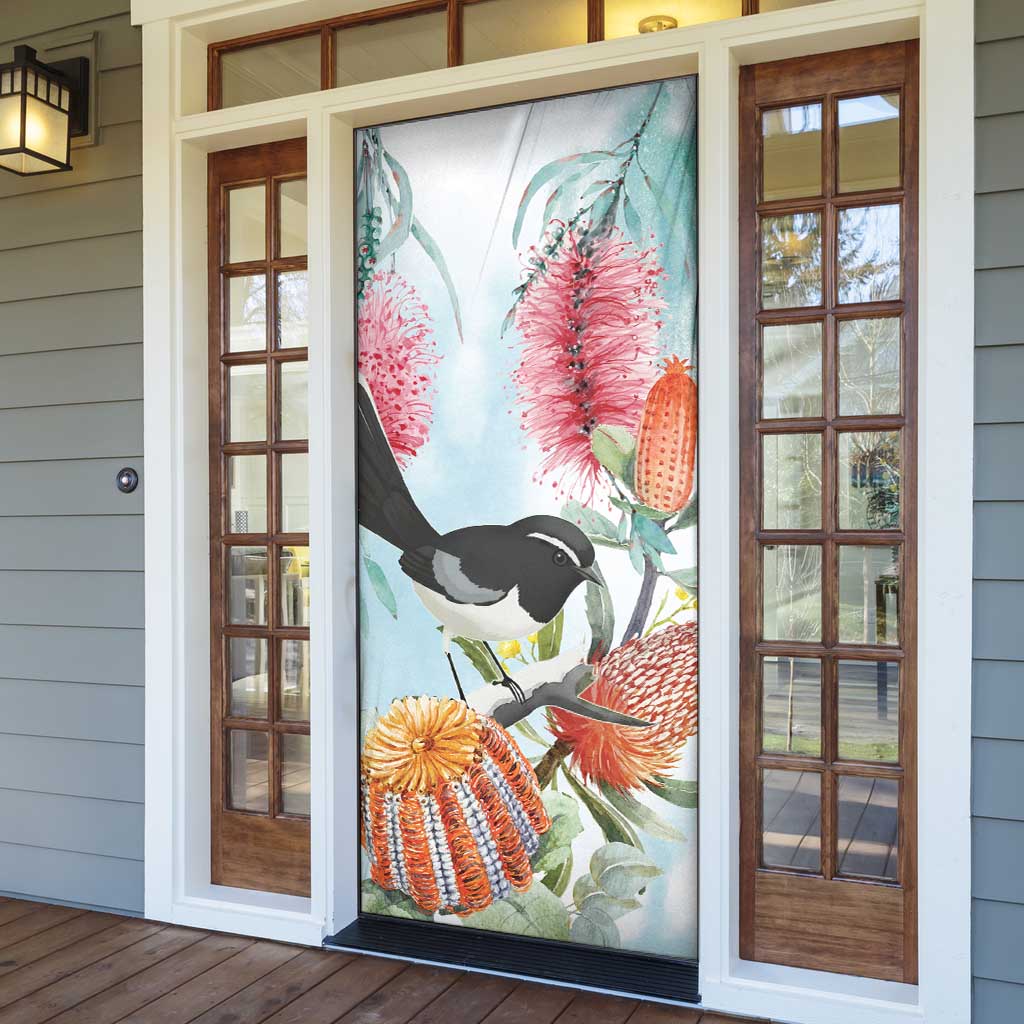 Willie wagtail Australia Door Cover Banksia Bottlebrushes Watercolor Stylized - Aussie Hoodie