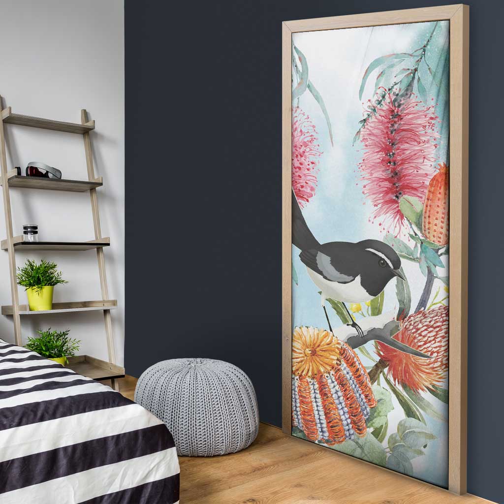 Willie wagtail Australia Door Cover Banksia Bottlebrushes Watercolor Stylized - Aussie Hoodie