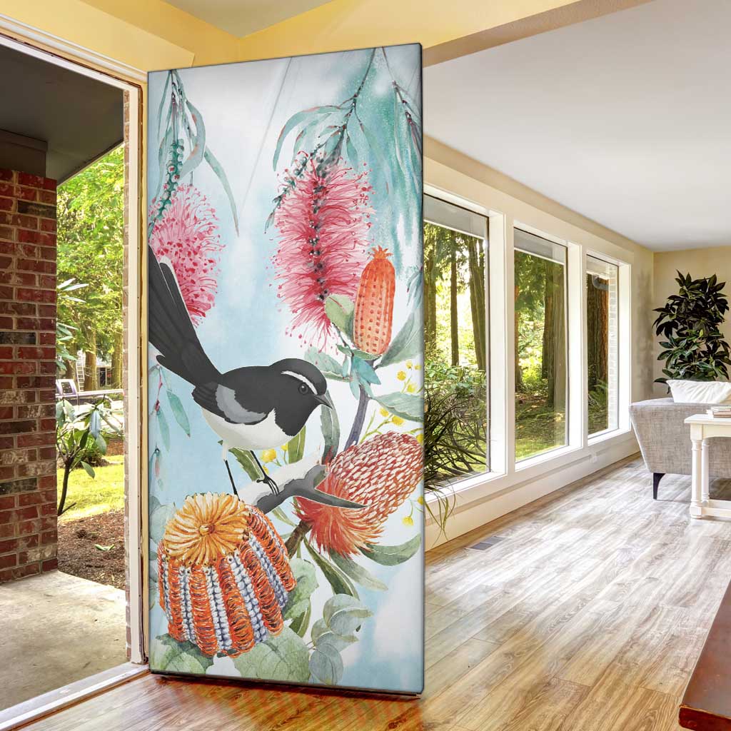 Willie wagtail Australia Door Cover Banksia Bottlebrushes Watercolor Stylized - Aussie Hoodie