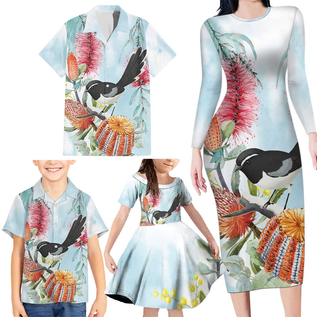 Willie wagtail Australia Family Matching Long Sleeve Bodycon Dress and Hawaiian Shirt Banksia Bottlebrushes Watercolor Stylized - Aussie Hoodie
