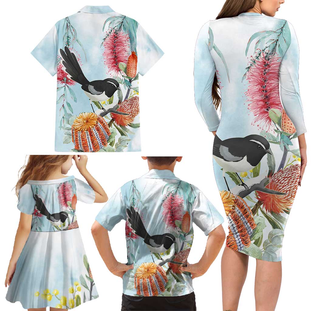 Willie wagtail Australia Family Matching Long Sleeve Bodycon Dress and Hawaiian Shirt Banksia Bottlebrushes Watercolor Stylized - Aussie Hoodie