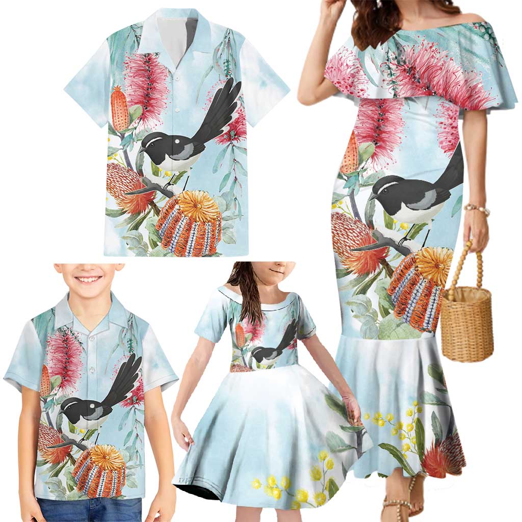 Willie wagtail Australia Family Matching Mermaid Dress and Hawaiian Shirt Banksia Bottlebrushes Watercolor Stylized - Aussie Hoodie