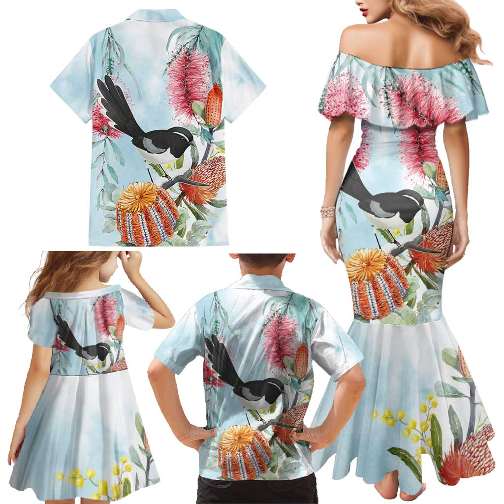 Willie wagtail Australia Family Matching Mermaid Dress and Hawaiian Shirt Banksia Bottlebrushes Watercolor Stylized - Aussie Hoodie