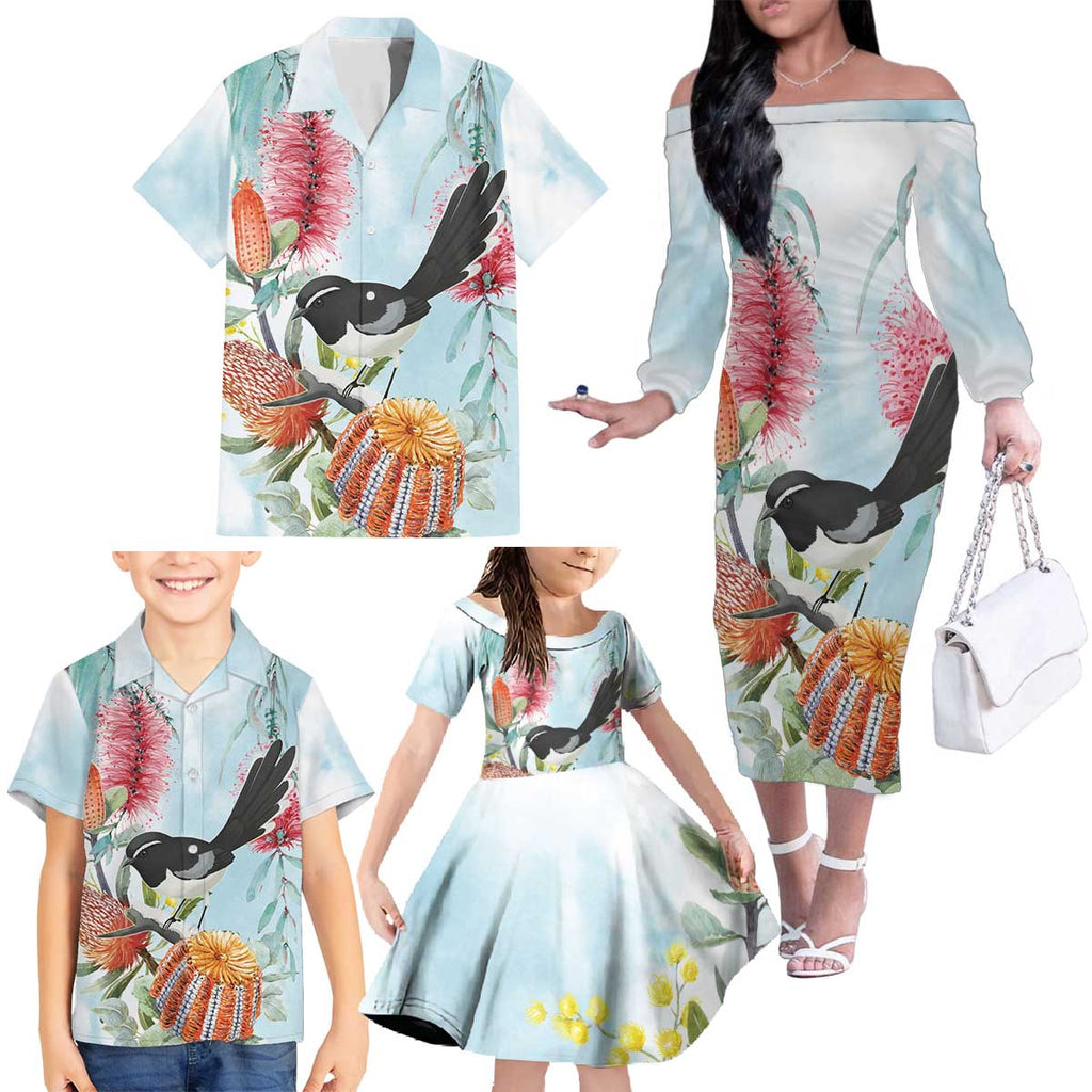 Willie wagtail Australia Family Matching Off The Shoulder Long Sleeve Dress and Hawaiian Shirt Banksia Bottlebrushes Watercolor Stylized - Aussie Hoodie
