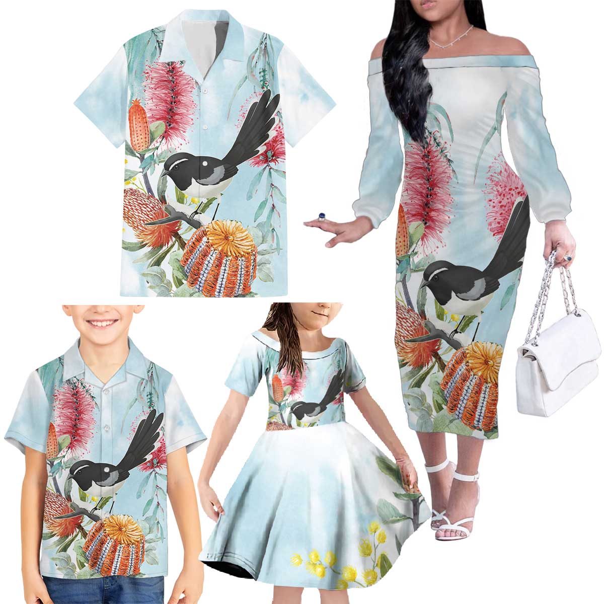 Willie wagtail Australia Family Matching Off The Shoulder Long Sleeve Dress and Hawaiian Shirt Banksia Bottlebrushes Watercolor Stylized - Aussie Hoodie