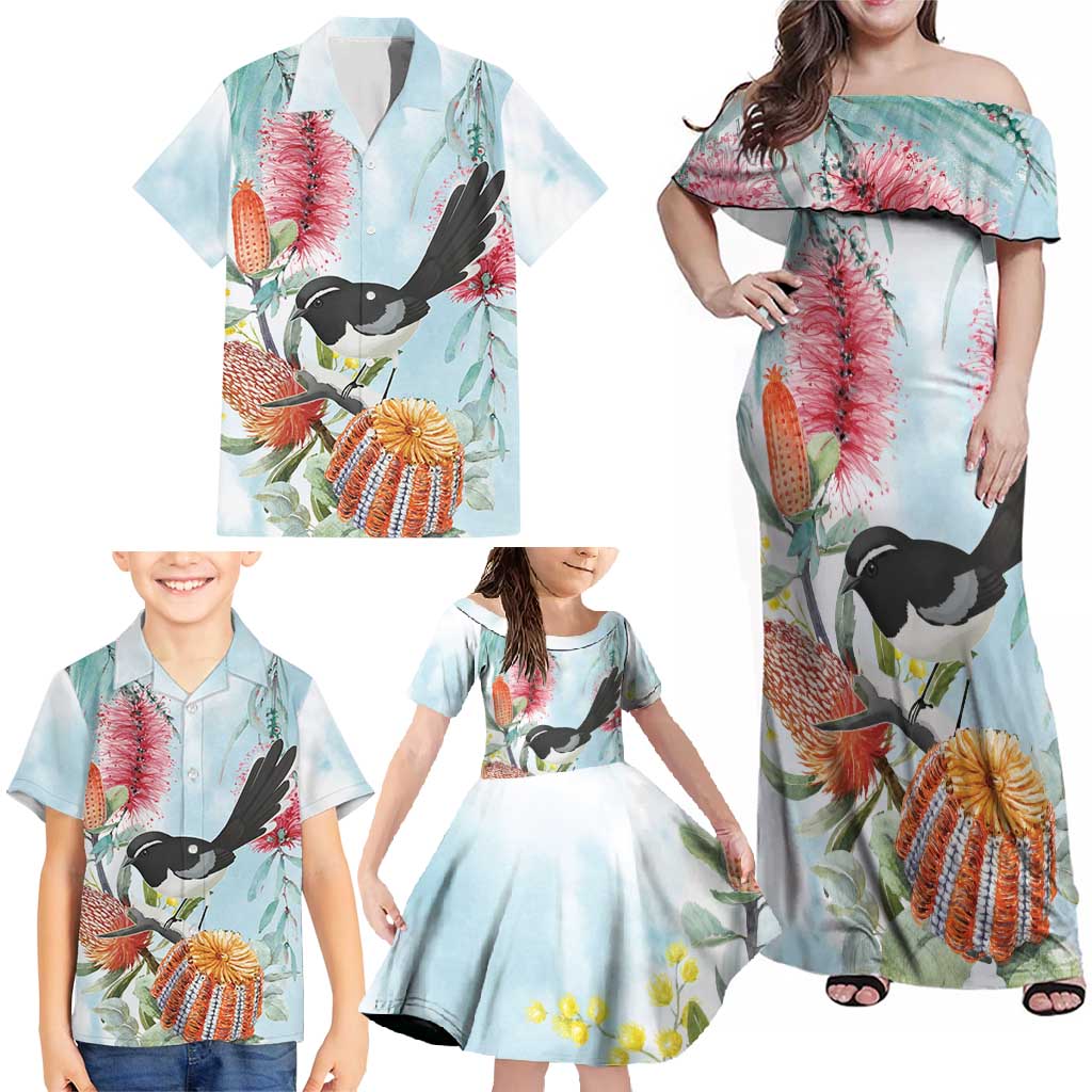 Willie wagtail Australia Family Matching Off Shoulder Maxi Dress and Hawaiian Shirt Banksia Bottlebrushes Watercolor Stylized - Aussie Hoodie