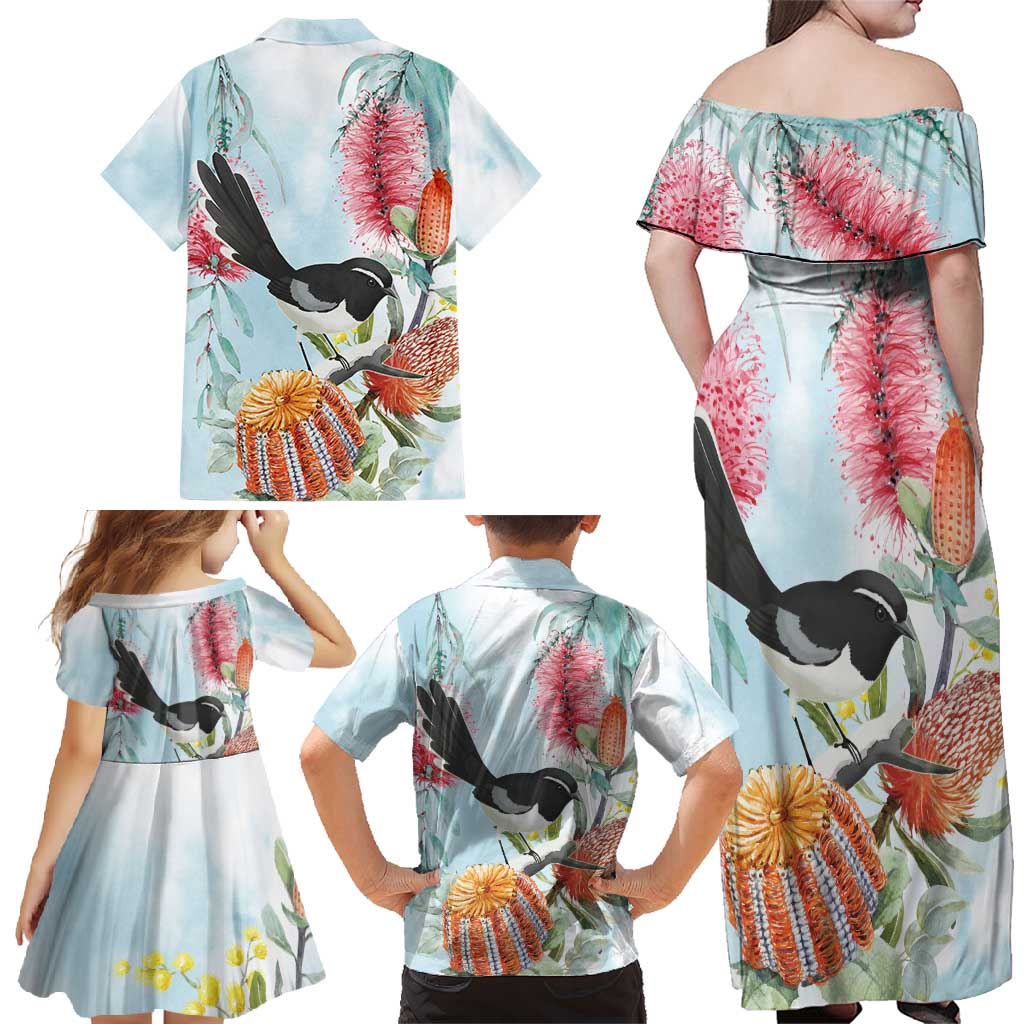 Willie wagtail Australia Family Matching Off Shoulder Maxi Dress and Hawaiian Shirt Banksia Bottlebrushes Watercolor Stylized - Aussie Hoodie