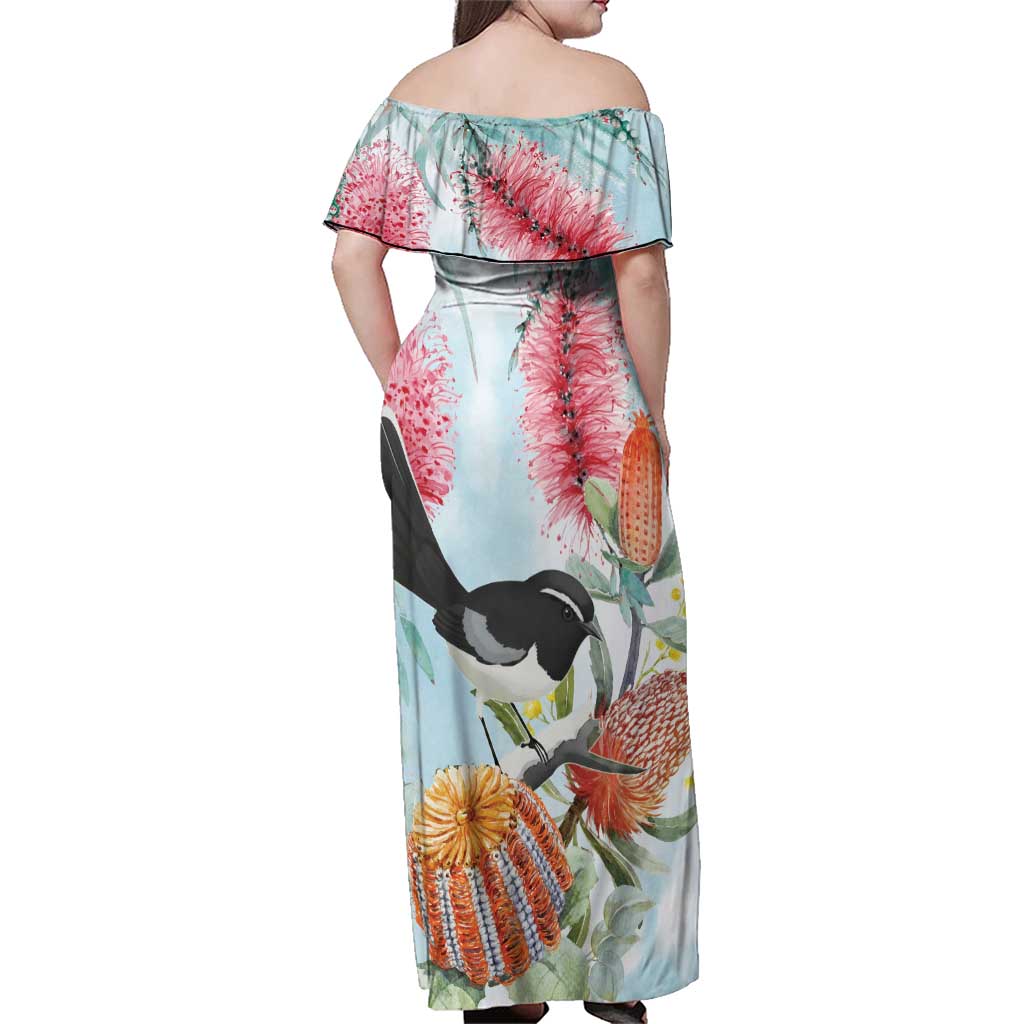 Willie wagtail Australia Family Matching Off Shoulder Maxi Dress and Hawaiian Shirt Banksia Bottlebrushes Watercolor Stylized - Aussie Hoodie