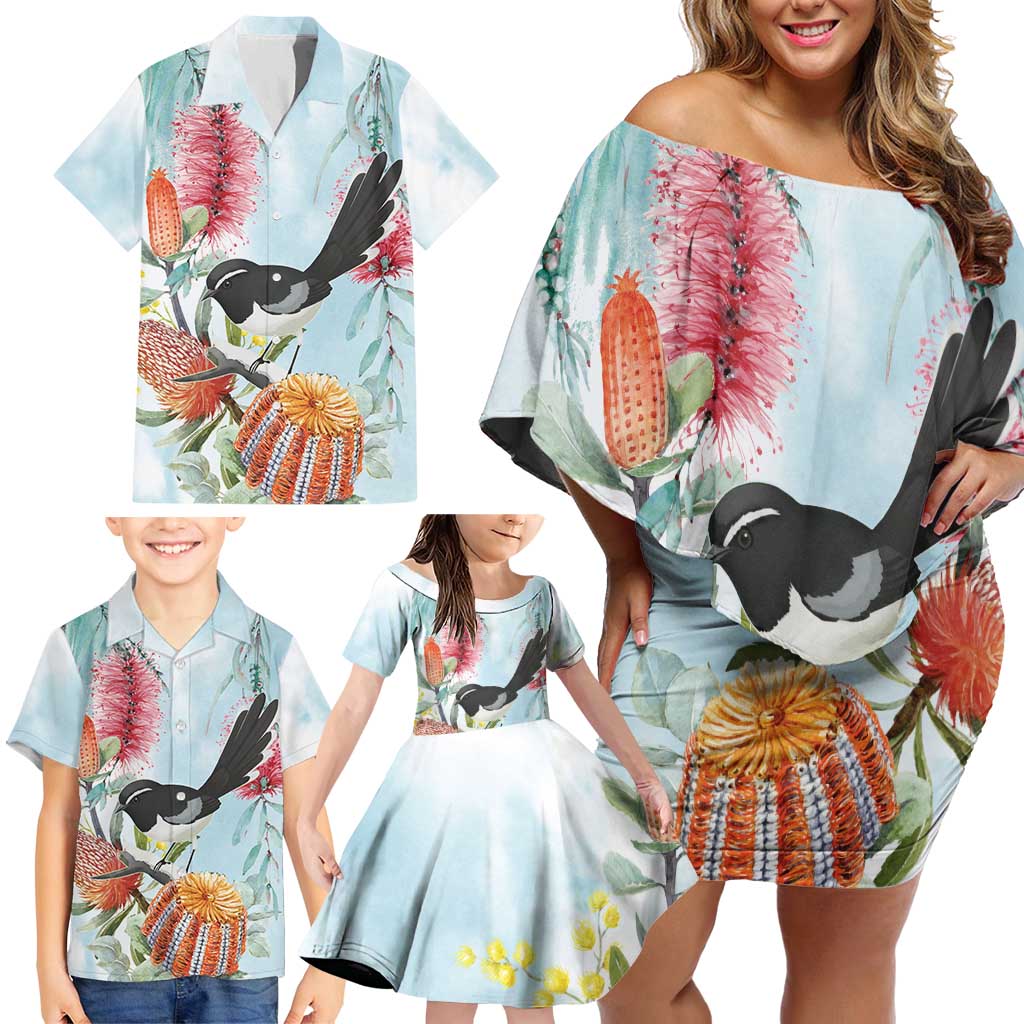 Willie wagtail Australia Family Matching Off Shoulder Short Dress and Hawaiian Shirt Banksia Bottlebrushes Watercolor Stylized - Aussie Hoodie
