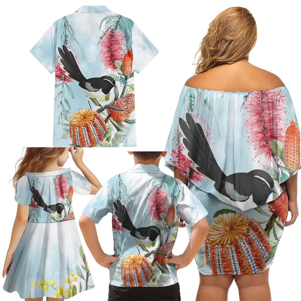 Willie wagtail Australia Family Matching Off Shoulder Short Dress and Hawaiian Shirt Banksia Bottlebrushes Watercolor Stylized - Aussie Hoodie