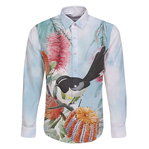 Willie wagtail Australia Family Matching Off Shoulder Short Dress and Hawaiian Shirt Banksia Bottlebrushes Watercolor Stylized - Aussie Hoodie