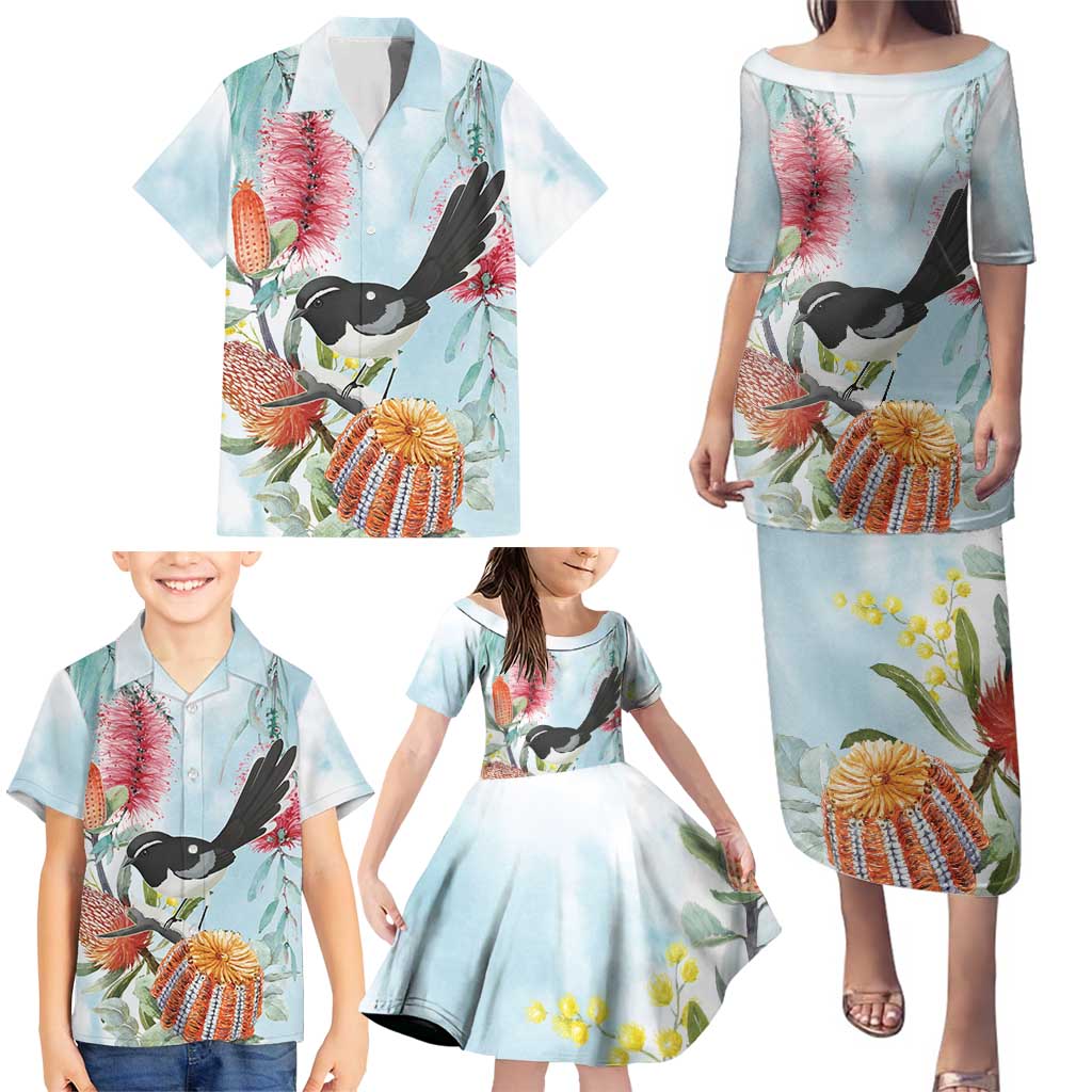 Willie wagtail Australia Family Matching Puletasi and Hawaiian Shirt Banksia Bottlebrushes Watercolor Stylized - Aussie Hoodie