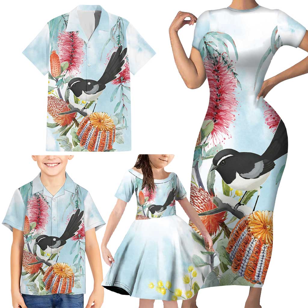 Willie wagtail Australia Family Matching Short Sleeve Bodycon Dress and Hawaiian Shirt Banksia Bottlebrushes Watercolor Stylized - Aussie Hoodie