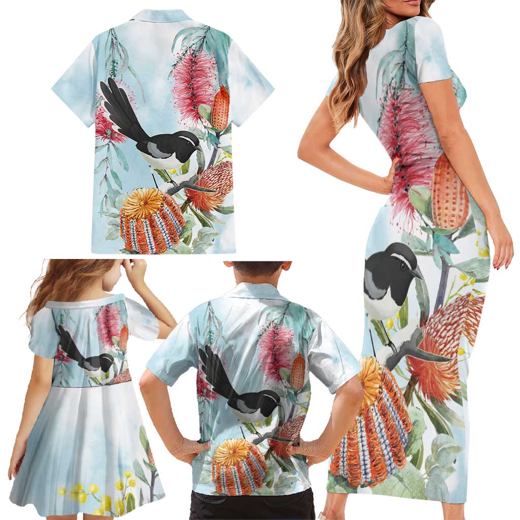 Willie wagtail Australia Family Matching Short Sleeve Bodycon Dress and Hawaiian Shirt Banksia Bottlebrushes Watercolor Stylized - Aussie Hoodie