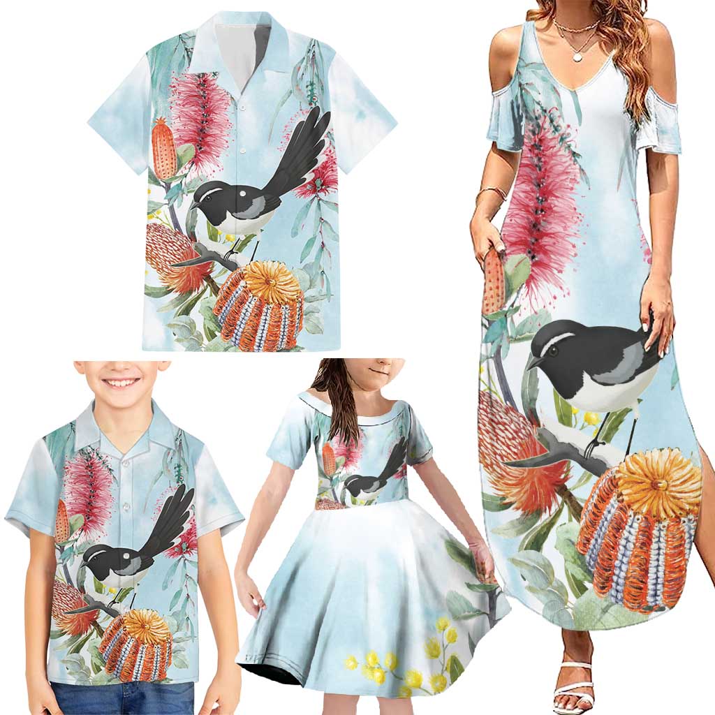 Willie wagtail Australia Family Matching Summer Maxi Dress and Hawaiian Shirt Banksia Bottlebrushes Watercolor Stylized - Aussie Hoodie