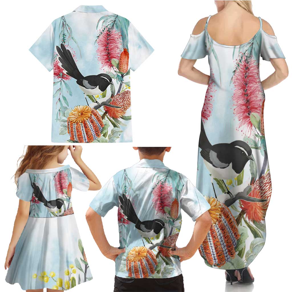 Willie wagtail Australia Family Matching Summer Maxi Dress and Hawaiian Shirt Banksia Bottlebrushes Watercolor Stylized - Aussie Hoodie