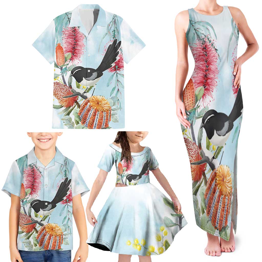Willie wagtail Australia Family Matching Tank Maxi Dress and Hawaiian Shirt Banksia Bottlebrushes Watercolor Stylized - Aussie Hoodie