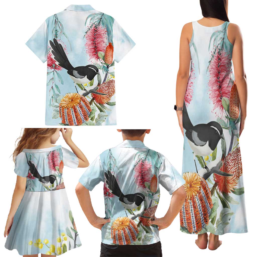 Willie wagtail Australia Family Matching Tank Maxi Dress and Hawaiian Shirt Banksia Bottlebrushes Watercolor Stylized - Aussie Hoodie