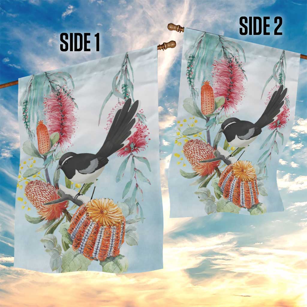 Willie wagtail Australia Garden Flag Banksia Bottlebrushes Watercolor Stylized - Aussie Hoodie