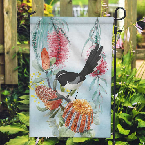 Willie wagtail Australia Garden Flag Banksia Bottlebrushes Watercolor Stylized - Aussie Hoodie