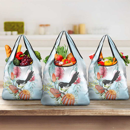 Willie wagtail Australia Grocery Bag Banksia Bottlebrushes Watercolor Stylized - Aussie Hoodie