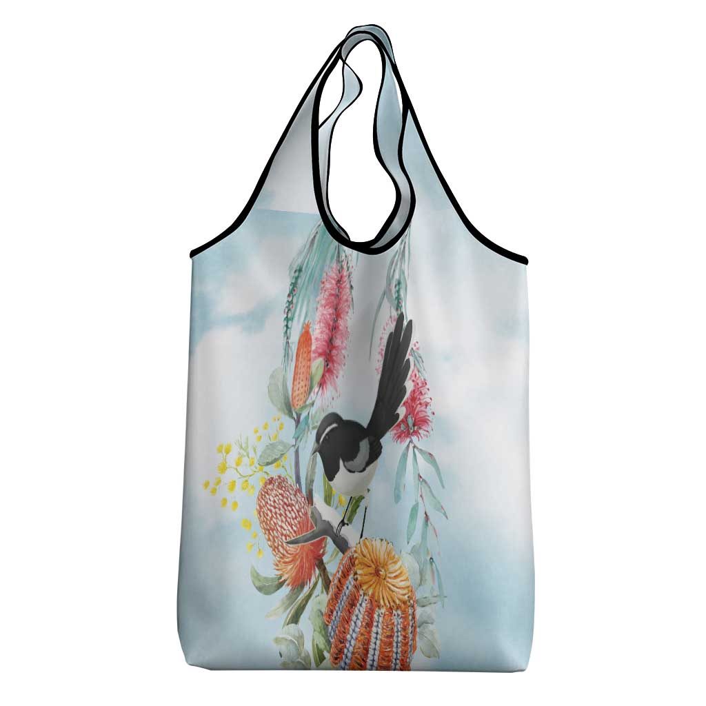 Willie wagtail Australia Grocery Bag Banksia Bottlebrushes Watercolor Stylized - Aussie Hoodie