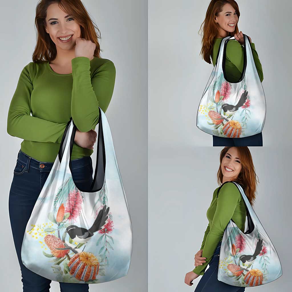 Willie wagtail Australia Grocery Bag Banksia Bottlebrushes Watercolor Stylized - Aussie Hoodie